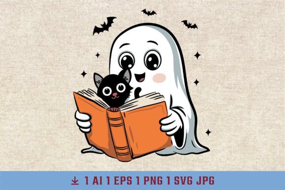 Cute Halloween PNG Ghost Reading Book for Graphics & T-Shirts