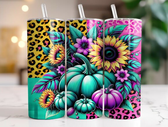 Teal Pumpkin Sunflower Leopard: Tumbler Wraps & Graphics